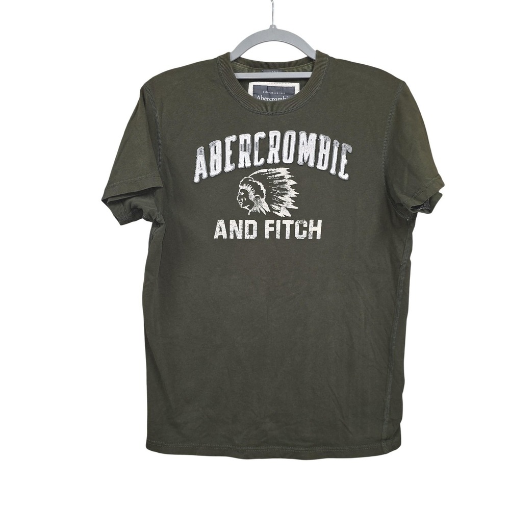 VTG Abercrombie & Fitch Muscle Puff Graphic Tee SZ M Olive Chief Logo Y2K Grunge